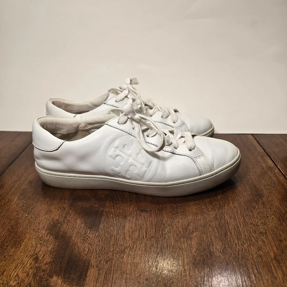 Tory Burch Women's Double T Howell Court Sneakers Size 8.5 M Shoes White Leather